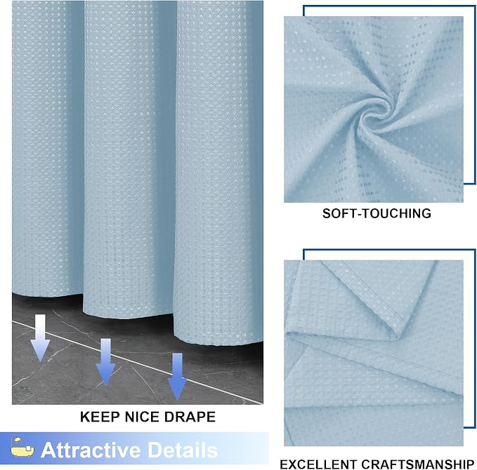 Extra Long Shower Curtain Set - 84 Inch Long Waffle Weave Heavy Duty Cloth Shower Curtain for Bathroom, Luxury Weighted 230GSM Bath Curtain Set with 12 Plastic Hooks, 72Wx84L, Glacier Blue