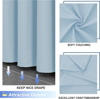 Extra Long Shower Curtain Set - 84 Inch Long Waffle Weave Heavy Duty Cloth Shower Curtain for Bathroom, Luxury Weighted 230GSM Bath Curtain Set with 12 Plastic Hooks, 72Wx84L, Glacier Blue