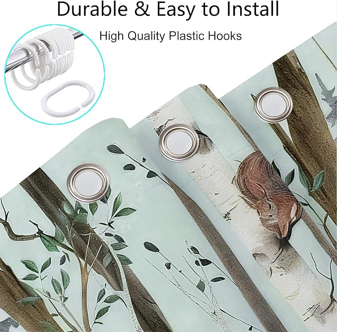 JAWO Rustic Forest Shower Curtains, Lodge Cabin Woodsy RV Shower Curtain, Wildlife Animals Woodland Campers Camping Bathroom Set with Hooks, 72X78 Inch, Teal