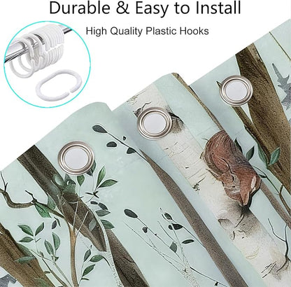 JAWO Rustic Forest Shower Curtains, Lodge Cabin Woodsy RV Shower Curtain, Wildlife Animals Woodland Campers Camping Bathroom Set with Hooks, 60X70 Inch, Teal