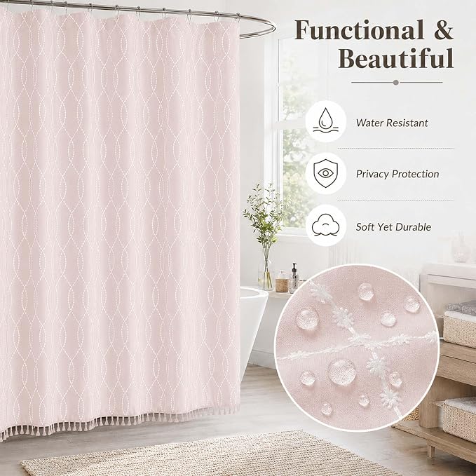 OVZME Pink Shower Curtain for Bathroom, Puff Printed Textured Shower Curtain with Tassels, Rustic Geometry Heavy Duty Vintage Country Bathroom Curtain, Water Resistant Fabric, 72Wx72L Inches