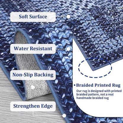 Printed Washable Rugs 10x13 Area Rug for Living Room Modern Bedroom Rug Blue Braided Soft Large Area Rug Non Slip Throw Rugs Stain Resistant Carpet for Nursery Dining Room 10'x13' Navy Blue