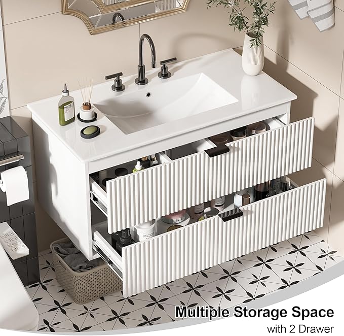Bathroom Vanity 36 inch with Sink, Floating Bathroom Vanity, White Ceramic Sink & Double Drawers, Soft-Close Design, Wall Mount Bathroom Cabinet, Modern Floating 36" Vanity