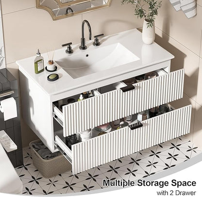 Bathroom Vanity 36 inch with Sink, Floating Bathroom Vanity, White Ceramic Sink & Double Drawers, Soft-Close Design, Wall Mount Bathroom Cabinet, Modern Floating 36" Vanity