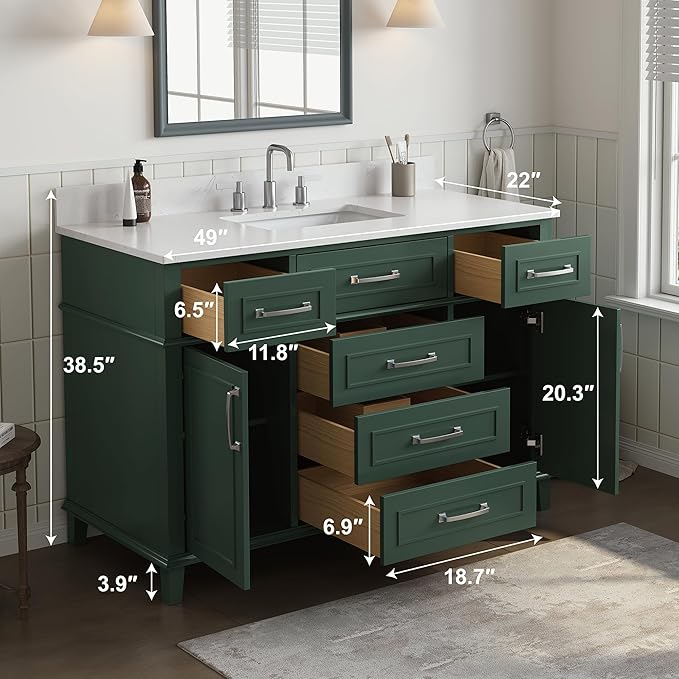 48 Inch Green Bathroom Vanity with Sink, Fully Assembled Bathroom Vanities with Soft Closing Doors & Dovetail Drawers, Solid Wood Vanity Bathroom, 48 Inch Vanity with Sink