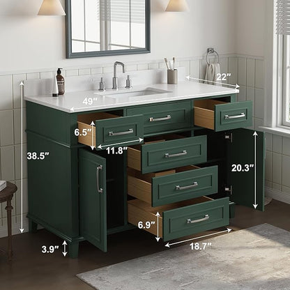 48 Inch Green Bathroom Vanity with Sink, Fully Assembled Bathroom Vanities with Soft Closing Doors & Dovetail Drawers, Solid Wood Vanity Bathroom, 48 Inch Vanity with Sink