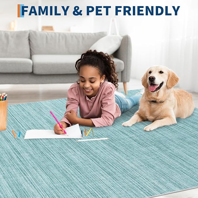 Garvee 9x12 Rug for Kids Room Machine Washable Area Rugs Large Solid Color Living Room Rug with Non Slip Backing, Stain Resistant Non Shedding Carpet Low Pile Soft Neutral Mats for Bedroom, Blue | Non Slip Backing Stain Resistant Non Shedding Low Pile ...