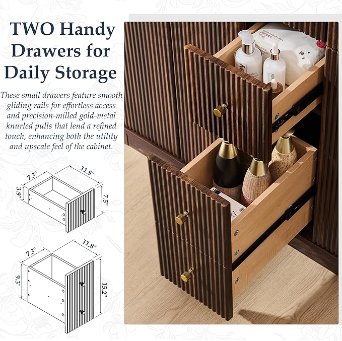T4TREAM 48 Inch Bathroom Vanity with Sink, Modern Fluted Large Double Sink Bathroom Vanity with 2 Storage Cabinets, Adjustable Shelf, and 2 Drawers, Dark Walnut