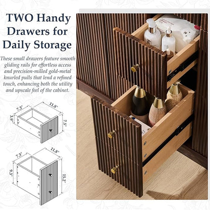 T4TREAM 48 Inch Bathroom Vanity with Sink, Modern Fluted Large Double Sink Bathroom Vanity with 2 Storage Cabinets, Adjustable Shelf, and 2 Drawers, Dark Walnut