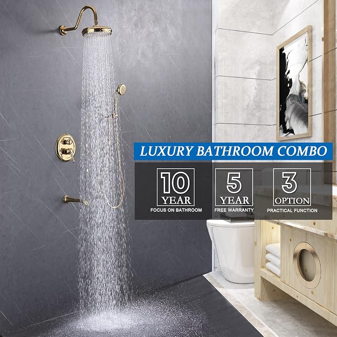 Enga Bright Gold Brass Shower Tub Faucet System Antique 8inch Rainfall Shower with Spout and Hand Spray