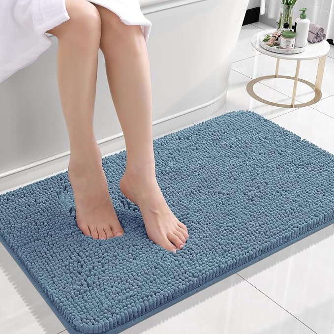 OLANLY Small Bathroom Rugs 30x18, Extra Soft Absorbent Chenille Bath Rugs | Airy Blue, Quick-Drying Rubber Backing, Machine Washable Bath Mat for Bathroom Floor, Tub and Shower, Home Decor Accessories