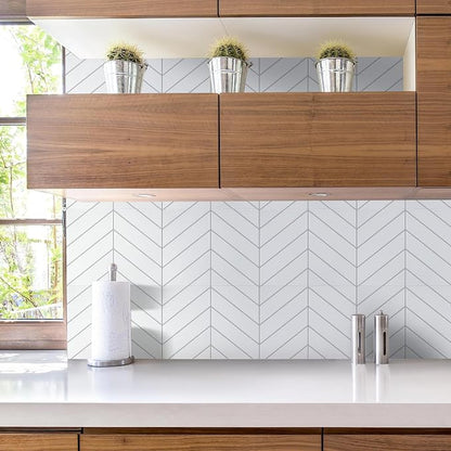 STICKGOO Herringbone Peel and Stick Backsplash, White/Grey Grout, 10 Sheets | 12.6 x 9.7 in, Thicker Rectangular Vinyl Stick-On Wall Tiles, Easy Alignment, Waterproof, Easy to Clean, Kitchen/Bathroom