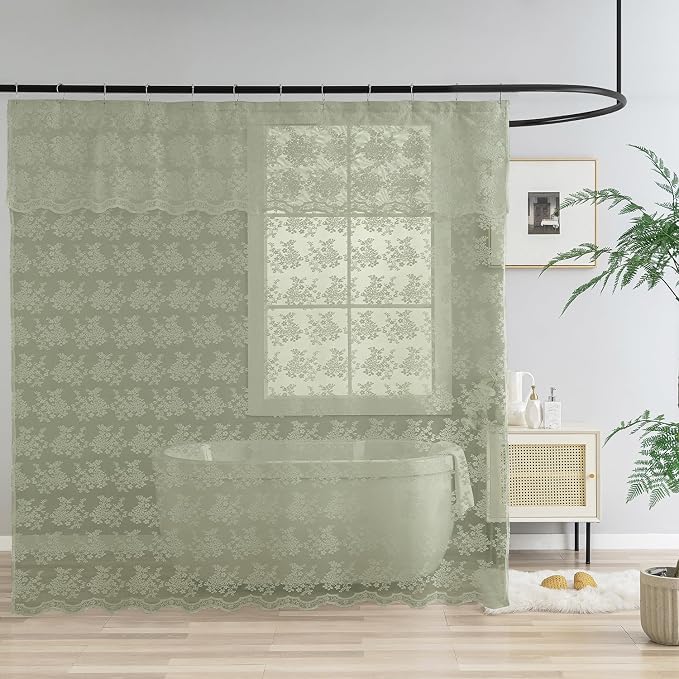 TUDECO Sage Green Shower Curtain with Attached Valance, 72 x 72, 1 Panel | Delicate Lace, Rustic Green Floral, Farmhouse Bathroom Decor, Brightens Space, Gentle Privacy, Scalloped Edges