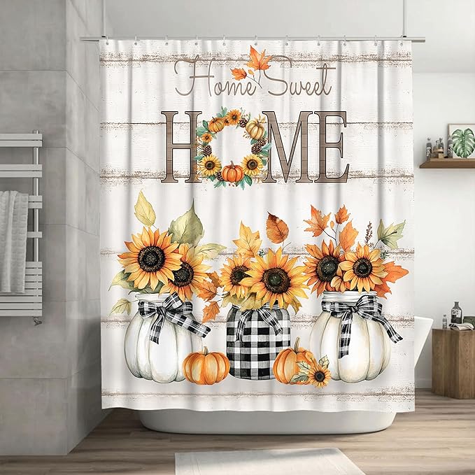 Tijuboni Fall Sunflower Pumpkin Shower Curtain, Farmhouse Home Sweet Home Bathroom Decor, Rustic Maple Leaf Waterproof Fabric Curtain for Harvest Thanksgiving Gifts 60x72 Inch