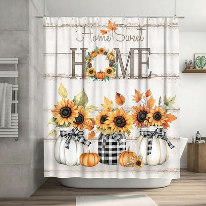 Tijuboni Fall Sunflower Pumpkin Shower Curtain, Farmhouse Home Sweet Home Bathroom Decor, Rustic Maple Leaf Waterproof Fabric Curtain for Harvest Thanksgiving Gifts 72x72 Inch