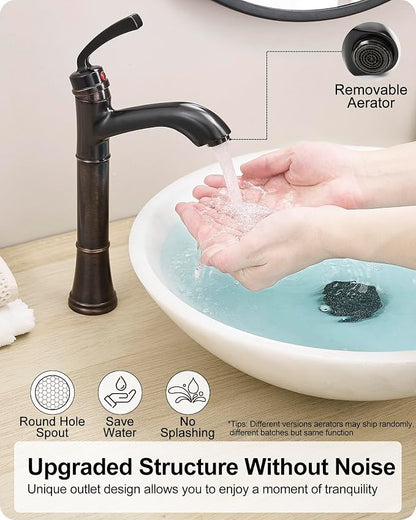 Brass Tall Bathroom Faucet 1 Hole, Oil Rubbed Bronze Bathroom Vessel Sink Faucet Single Handle with Pop-Up Drain & Pre-Installed Hoses, 5 Mins Install