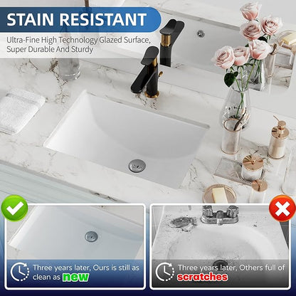Undermount Bathroom Sink Rectangle, Hugsleek Interior Bowl Size 18 x 11 inch White Porcelain Ceramic Vessel Sink Under Counter Exterior Size 20x14in Rectangular Bath Sink Basin Lavatory Fireclay