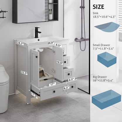 LUCKWIND 30" Bathroom Vanity and Sink Combos, Modern Bathroom Storage Painted Cabinet with Undercounter Resin Single Sink Top, Matte Black Faucet and 5 Drawers, Mirror Not Included, White