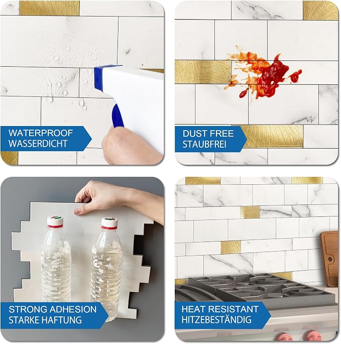 Stone Peel Stick Backsplash Tiles Kitchen Wall White Gold 10pcs