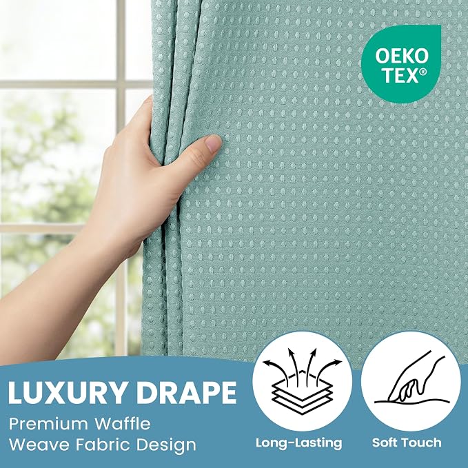 SORTTO No Hook Shower Curtain with Snap in Liner Set Waffle Shower Curtain for Bathroom Hotel Style Fabric Waterproof Inner Liner，71" W x 74" H, Teal