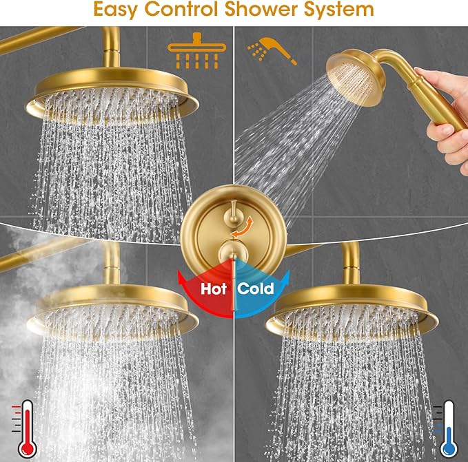 Rainfall Shower Head with Handheld Combo, Brushed Gold Shower System with Balance Pressure Valve, 9 inch Shower Head and Faucet Set, Rain Shower Head with Handheld Spray Wall Mount(B2312-BG)