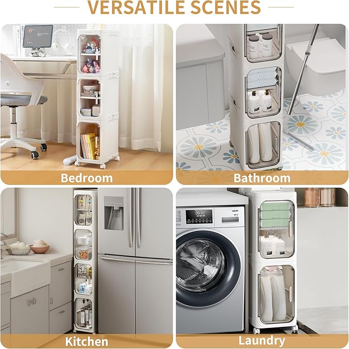 5-Tier Plastic Tall Narrow Storage Cabinet with Adjustable Shelves and Movable Wheels, Magnetic Doors, Slim Bathroom Storage for Small Space, Bathroom, Kitchen, White