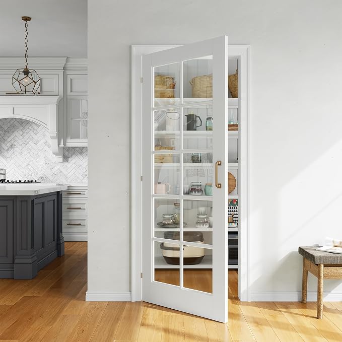 SMARTSTANDARD 30" x 80" Clear Glass French Interior Solid Core Door Slab | 10-Lite Glass Pantry Door for Bathroom Laundry Pocket, Pre-Assembled Panel without Hardware, White Primed