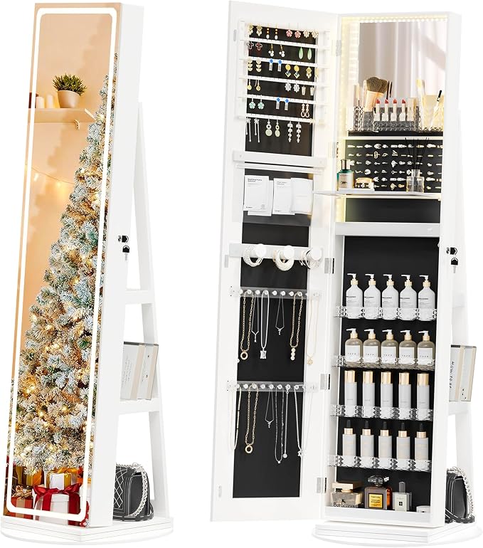 NUNU LAB LED Mirror Jewelry Cabinet Standing, Jewelry Armoire with Full Length Mirror, 360° Swivel Jewelry Cabine with Adjustable LED Lights, Lockable Jewelry Organizer Storage, White
