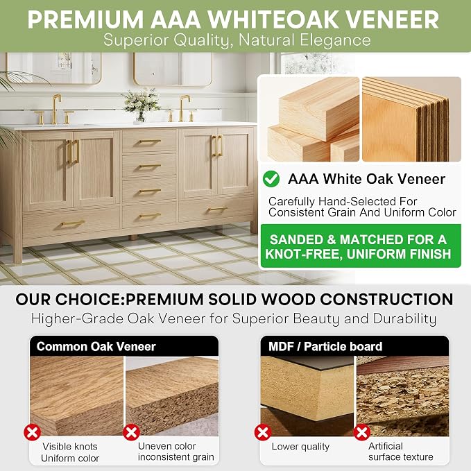 80-Inch Bathroom Vanity with Sink, 4 Soft-Close Doors and 6 Soft-Close Drawers, Bathroom Freestanding Vanity with Cultured Marble Countertop, Oak Vanity W/Gold Handles