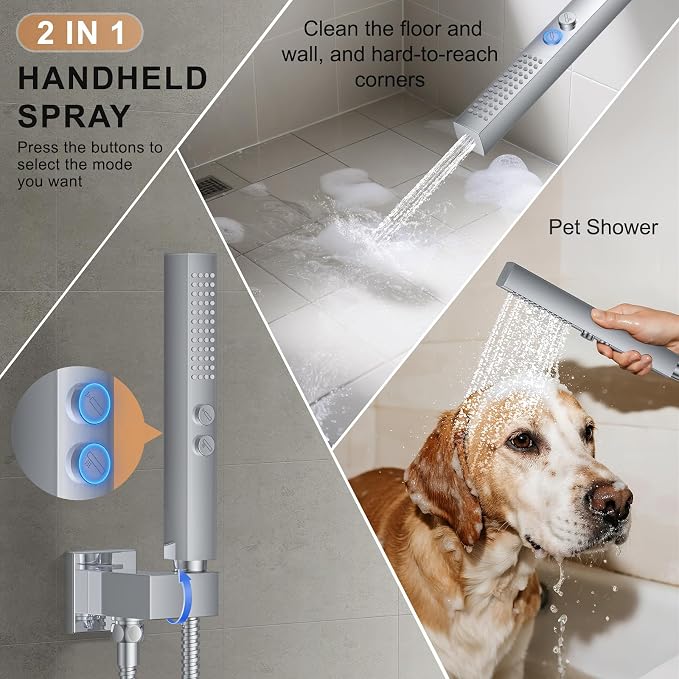 Rain Shower System 12" & 6" Dual Shower Heads, Wall Mount Shower Faucet Set | Ideal for bathroom remodels and upgrades with 12" rain shower, 6" angled shower, handheld spray and complete valve kit.