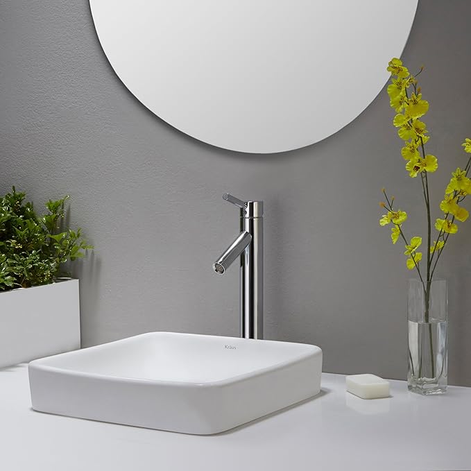 Kraus KCR-281-CH Modern Elavo Ceramic Square Semi-Recessed Bathroom Sink with Overflow and Pop Up Drain, Chrome/White 16.25