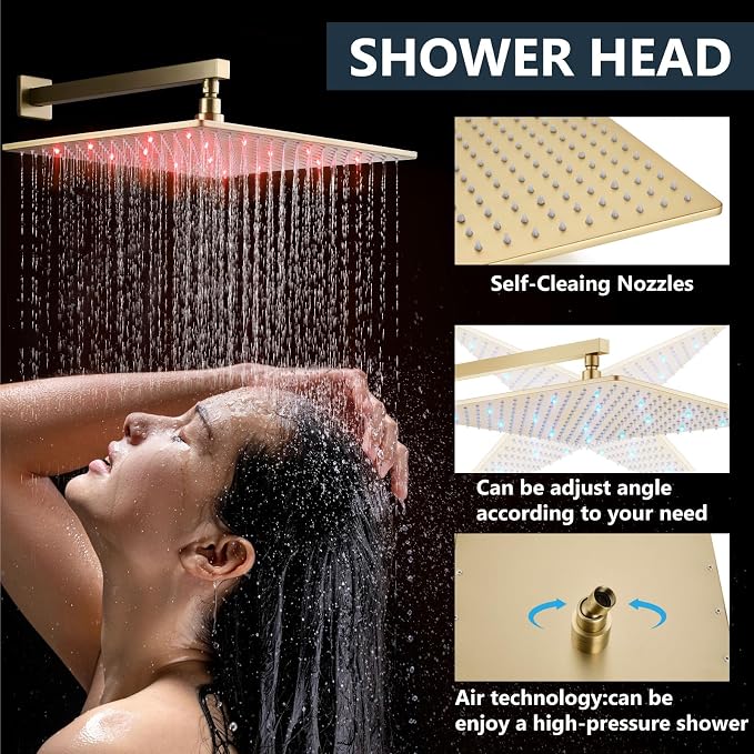 Aolemi Shower Faucet Set with Valve Handheld 16" LED Head Brushed Gold | Handheld Spray,16 Inch Rain LED Head,Valve and Trim Kit,All Metal,Wall Mount Shower System,Bathroom Mixer