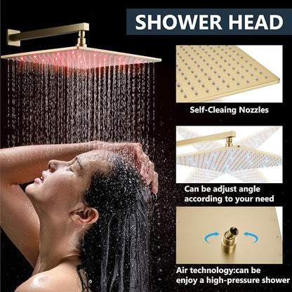 Aolemi Shower Faucet Set with Valve Handheld 16" LED Head Brushed Gold | Handheld Spray,16 Inch Rain LED Head,Valve and Trim Kit,All Metal,Wall Mount Shower System,Bathroom Mixer