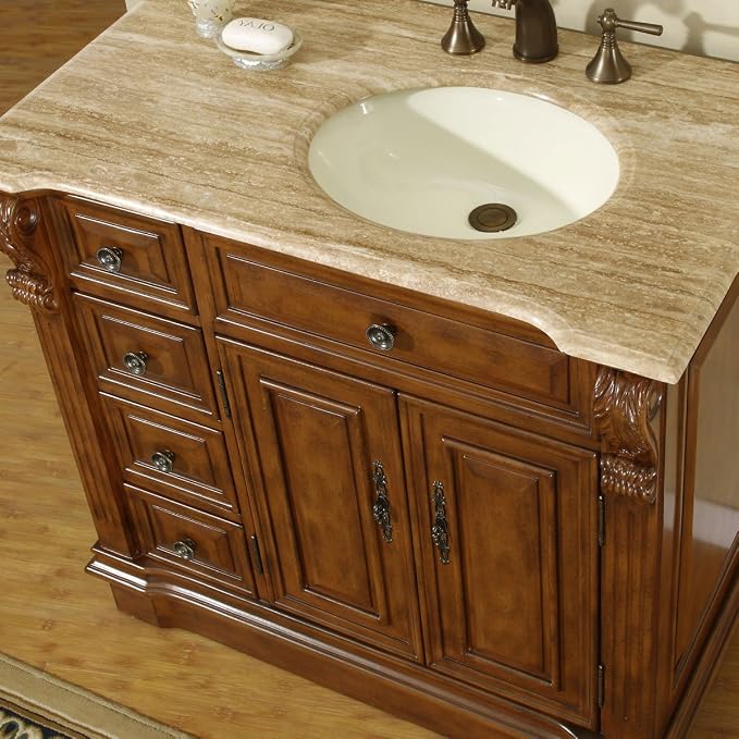 HYP-0904-T-UIC-38-R Travertine Top Off Center Single Right Side Sink Bathroom Vanity with Cabinet, 38"