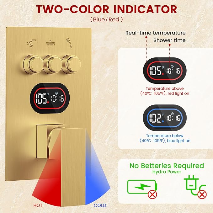 Longriver 3-Push Button Shower Faucet Set Hydro Power Temperature Display | Shower System Wall Mounted 10" & 6" Shower Head with 3-Spary Handheld, Shower Fixtures with Valve and Trim Kit, Brushed Gold
