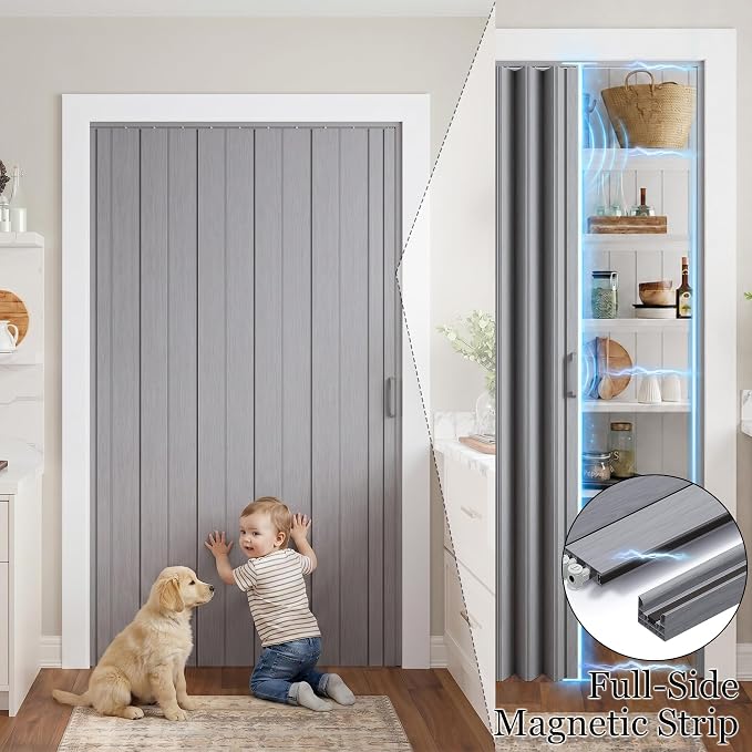 SmartStandard 32" x 80" Accordion Doors Interior, Double Walled, Gray Oak | Easy to Assemble, Save Space, PVC Accordion Folding Doors for Closet Doorway Basement, with Track and Hardware