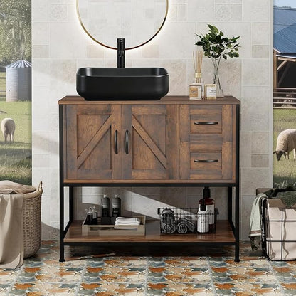 YOURLITE Bathroom Vanity, 36" Bathroom Vanity with Sink Combo Set, Rustic Farmhouse Modern Wood Cabinet with Black Ceramic Sink