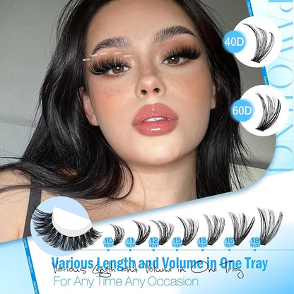 Lash Clusters Kit 40D 60D Lash Extension Kit 10-18mm Cluster Eyelash Extension Kit Individual Lashes 280pcs Eyelash Clusters with Lash Bond and Seal, Lash Tweezers for Self Use