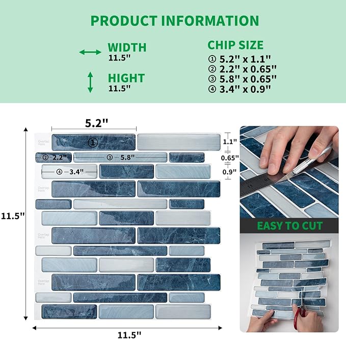 LONGKING Self-Adhesive Kitchen Backsplash, Marble Look Decorative Tiles (10 Tiles) (Dark Blue) | Peel and stick backsplash, self-adhesive wall tile, Dark Blue, marble, waterproof, kitchen bathroom wall, 10 tiles