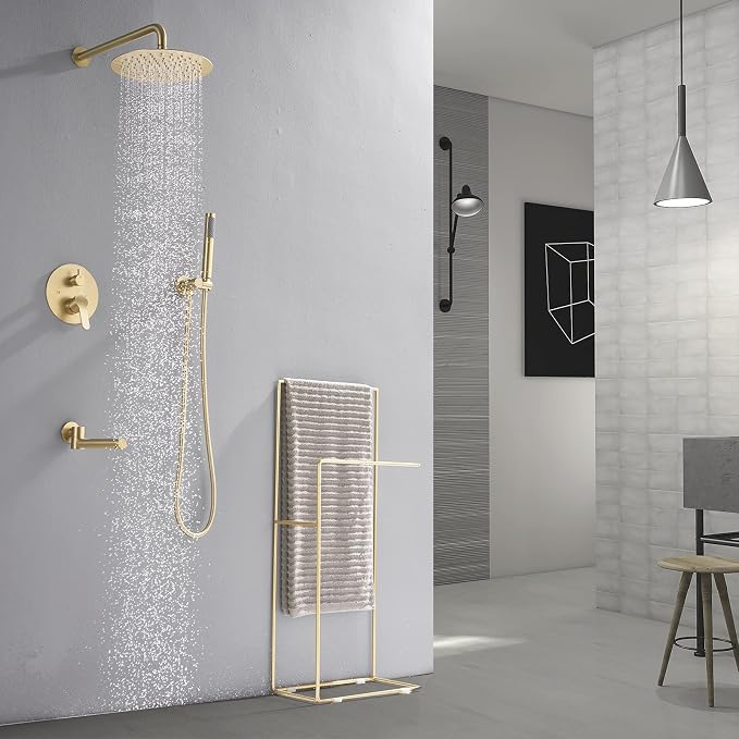 DASAN Tub Shower Faucets Sets Complete Bathtub Faucet Set Brushed Gold Bathtub Shower System with Tub Spout, Bathroom Tub and Shower Faucet Combo Trim Kit with Rough-in Valve, DA-SS03BG-R10W