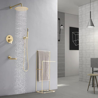 DASAN Tub Shower Faucets Sets Complete Bathtub Faucet Set Brushed Gold Bathtub Shower System with Tub Spout, Bathroom Tub and Shower Faucet Combo Trim Kit with Rough-in Valve, DA-SS03BG-R10W