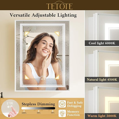 White Lighted Medicine Cabinet Mirror with Led Lights 30 x 26 Wall Mount or Recessed Bathroom Cabinet with Storage, 2 Door Tempered Glass Led Vanity Cabinet, 2 Outlets, 3-Color Dimming, Defog