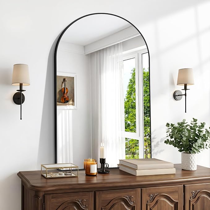 BONEWEI Arched Wall Mirror,30x45 inch Black Arched Mirror Bathroom,Vanity Mirror for Over Sink Metal Frame,Tempered Glass Arch Mirrors for Bedroom,Entryway,Living Room,Home Decor Shatter-Proof