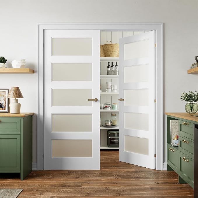 SMARTSTANDARD 60" x 80" Frosted Glass Pantry Door, Solid Core Slab Door | Pre-Assembled 5-Panel without Hardware, French Interior Door for Pantry Pocket, White Primed