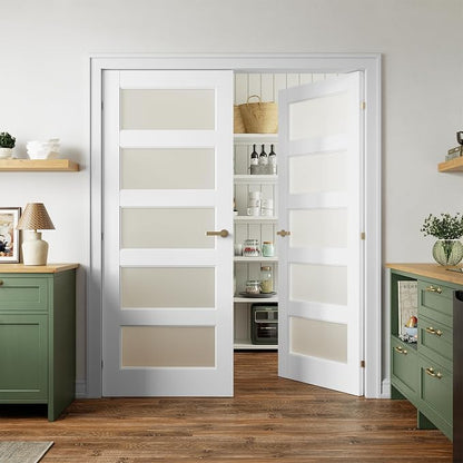 SMARTSTANDARD 64" x 80" Frosted Glass Pantry Door, Solid Core Slab Door | Pre-Assembled 5-Panel without Hardware, French Interior Door for Pantry Pocket, White Primed