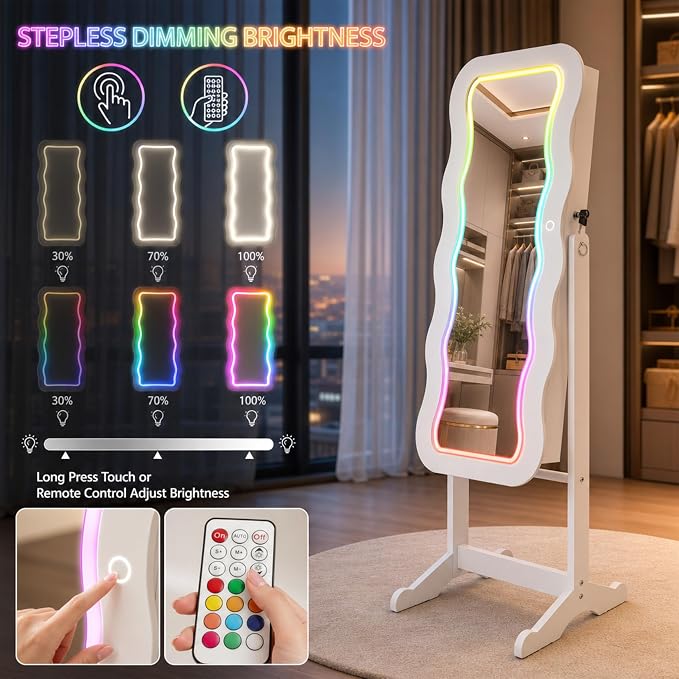 Fiqevs RGB Mirror Jewelry Cabinet, Remote Control LED Mirror with Storage | Standing Jewelry Organizer with Full Length LED Lighting Wavy Mirror, Lockable, Spacious Storage, Jewelry Armoire White
