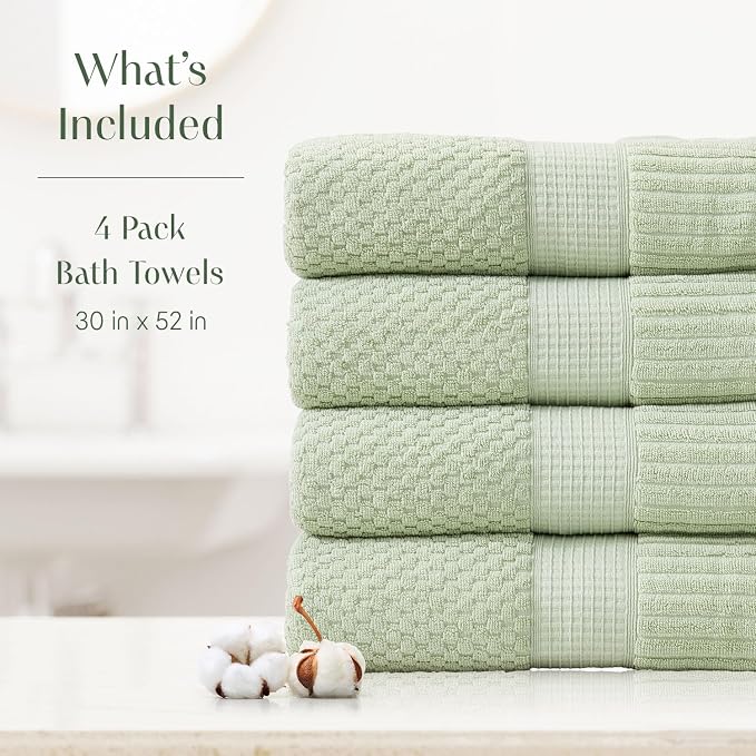 4 Pack 100% Cotton Bath Towels | Sage Towels | Oeko‑TEX Standard 100 | Soft & Absorbent, Quick‑Dry | Trinity Collection - Sage Green