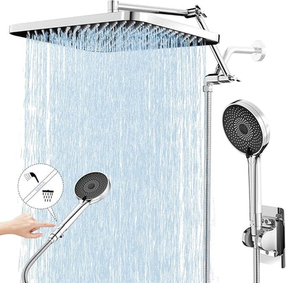 13" Rainfall Shower Head with Handheld Spray Combo, Push-Button Diverter | 3-Mode Handheld Shower, Height-Adjustable Extension Arm, Easy Install in 15 Min (Chrome)