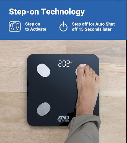 A&D Medical Smart Scale for Body Weight - UC-450BLE - Bluetooth Body Fat Scale with BMI, Body Composition, Digital Bathroom Scale, Tracks 7 Biometrics, Syncs with A&D App - 397lb