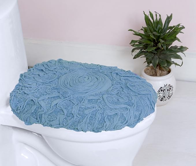 Home Weavers Bell Flower Toilet Lid Cover – 18"x18", 100% Cotton Tufted, Soft & Absorbent, Non-Slip, Machine Washable Bathroom Seat Cover, Sky Blue